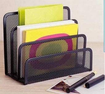 Metal office stationery organizer with multiple slots holding documents, ideal for desktop storage.