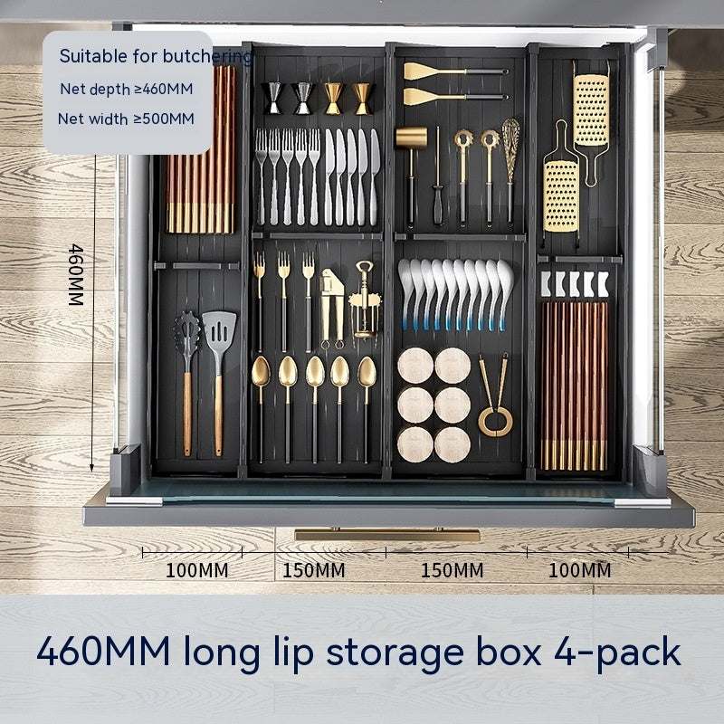 Kitchen drawer storage box partition with adjustable compartments, suitable for utensils and cutlery organization.