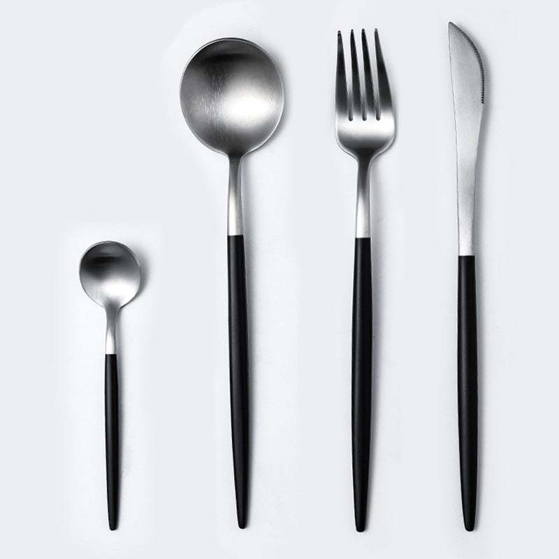 Stainless steel cutlery spoon set with mirror polishing, including coffee, dessert, and main meal spoons.
