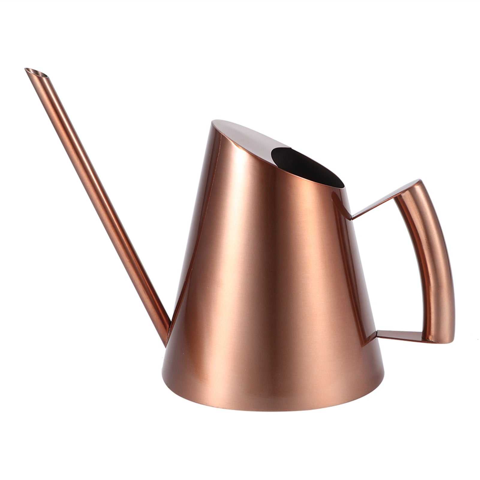 Household stainless steel watering can in bronze finish with long spout and ergonomic handle.