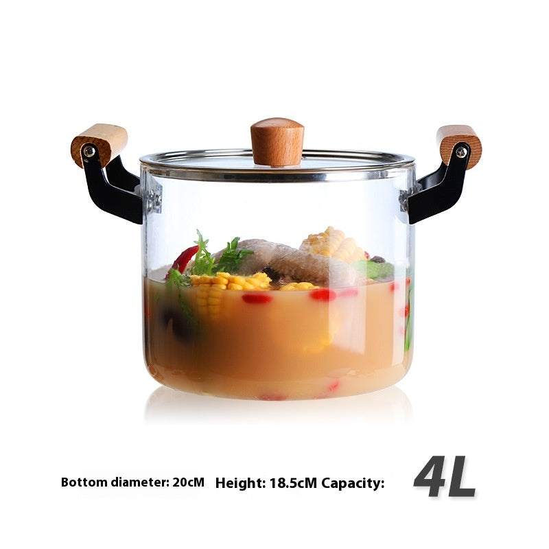 Borosilicate Visions Cookware Pot with wooden handle, 4L capacity, glass material.