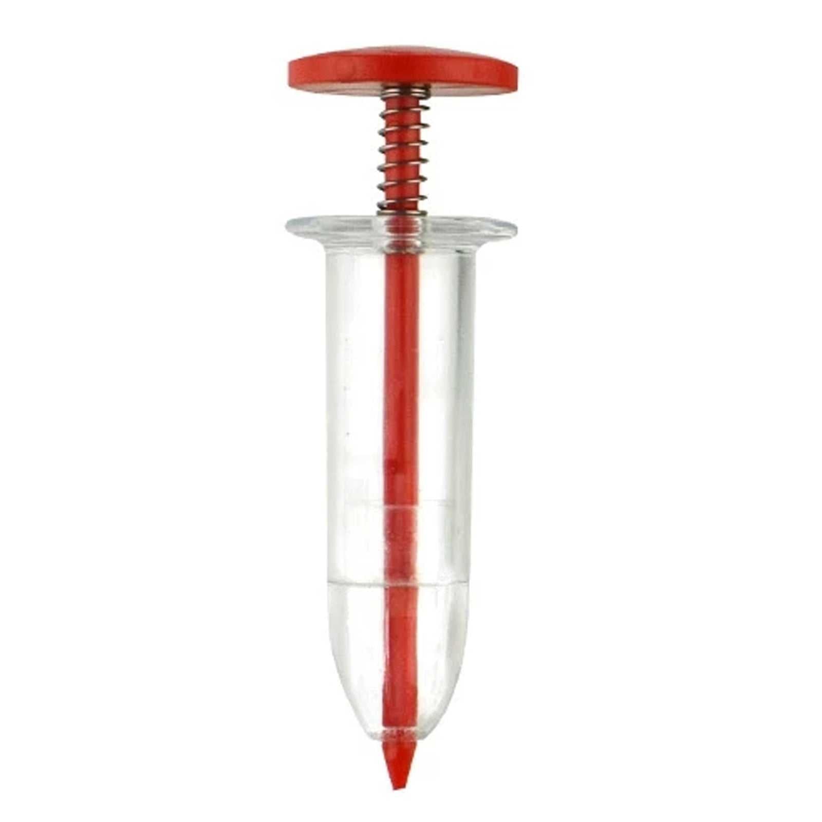 Plastic mini seed dispenser tool in red, ideal for precise seed planting in gardens and pots.