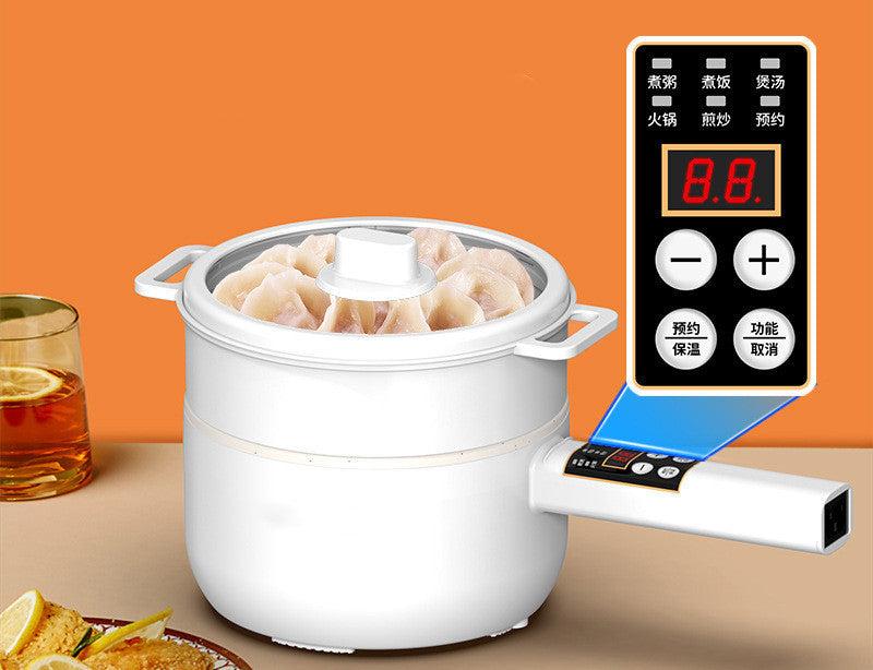 Multifunctional electric cooker with glass lid, steaming dumplings, digital controls, ideal for student dormitory use.