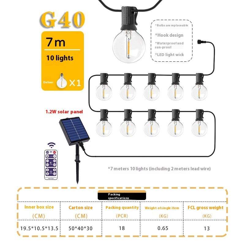 Solar retro outdoor G40 string lights with 7 meters length and 10 lamps, featuring 1.2W solar panel.