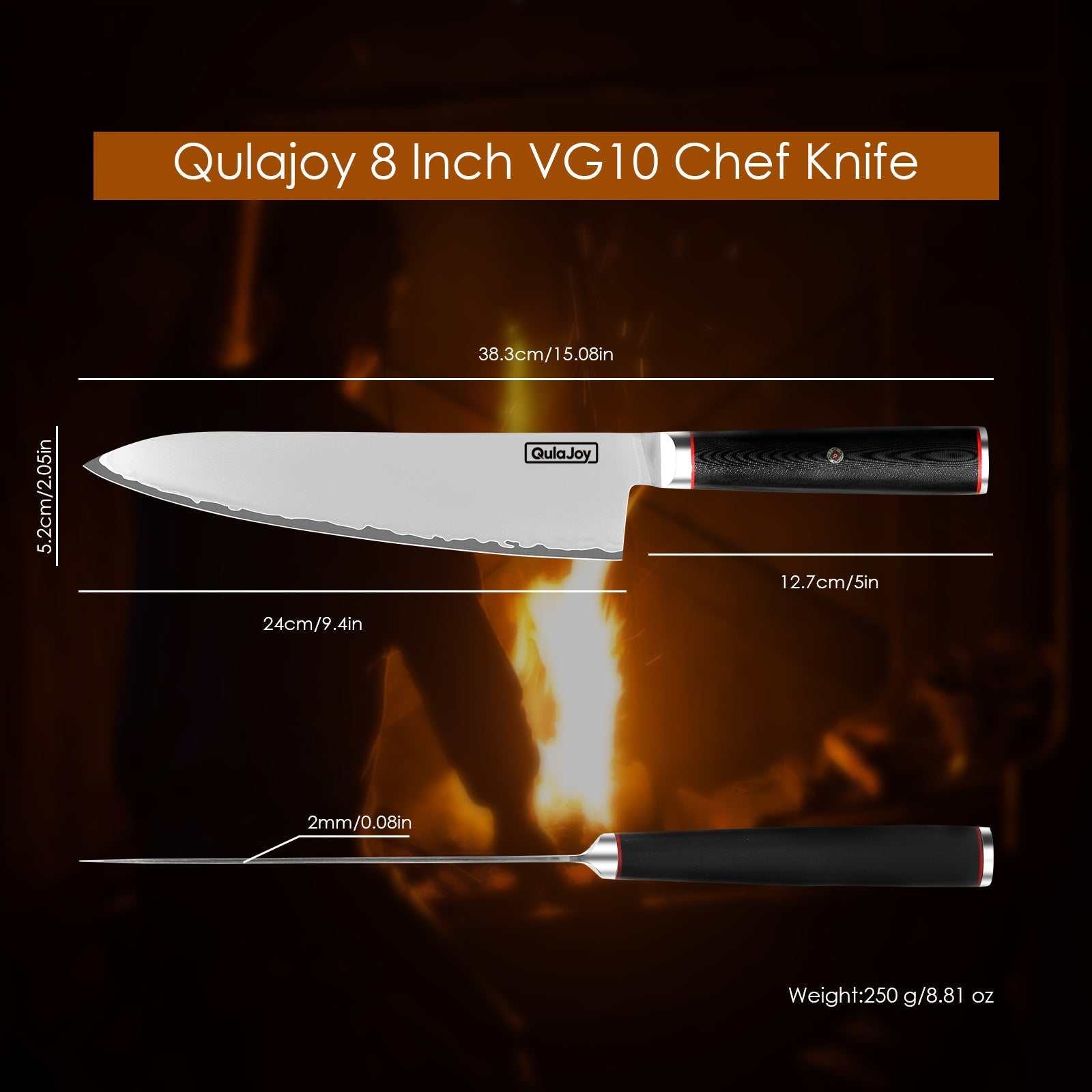 Qulajoy VG10 Chef Knife with Japanese 10Cr15MoV steel, featuring a 15°V shaped blade edge and G10 handle, perfect for slicing meat and vegetables.