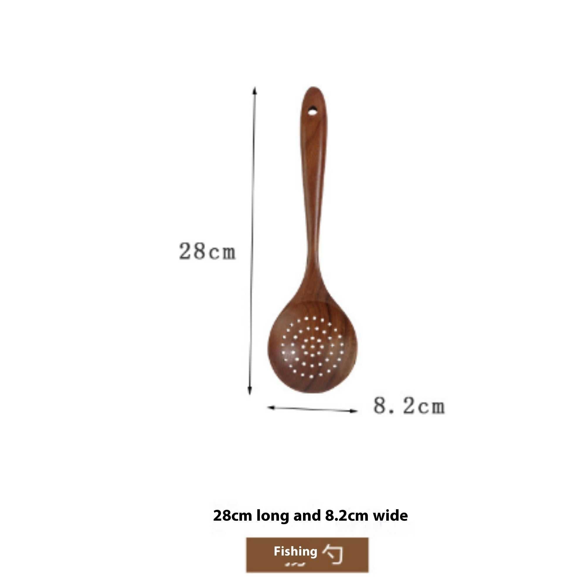 Thailand teak natural wood soup skimmer, 28cm long, 8.2cm wide, with a delicate long handle.