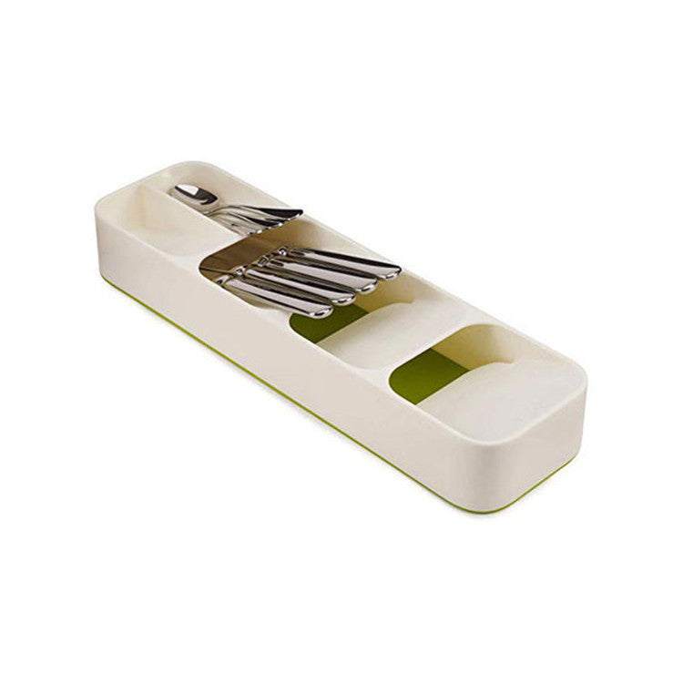 Kitchen Drawer Cutlery Compartment Storage Box in white and gray, simple and stylish design, made of PP material.