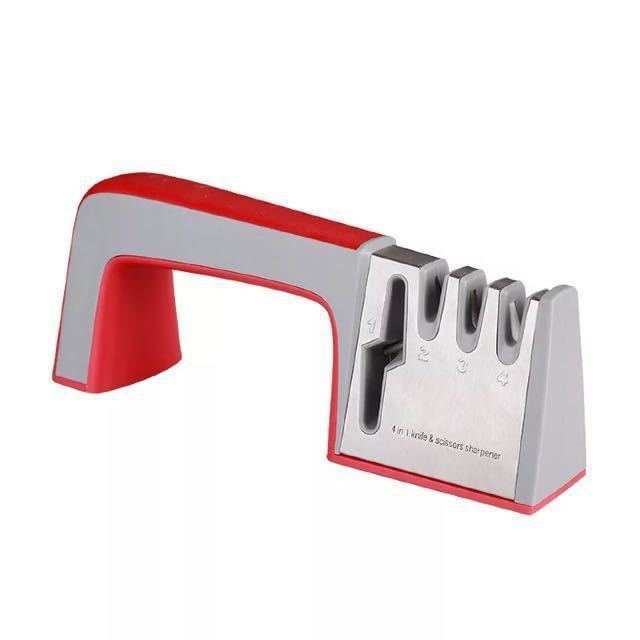 Fast knife sharpener with stainless steel and ABS plastic design.