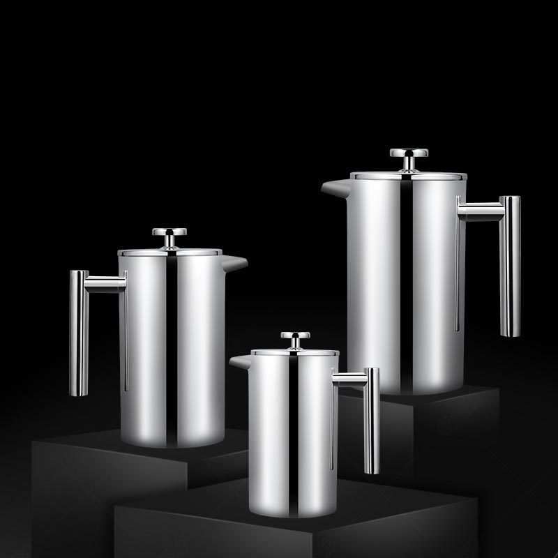 French Press double-layer stainless steel coffee pots in different sizes.