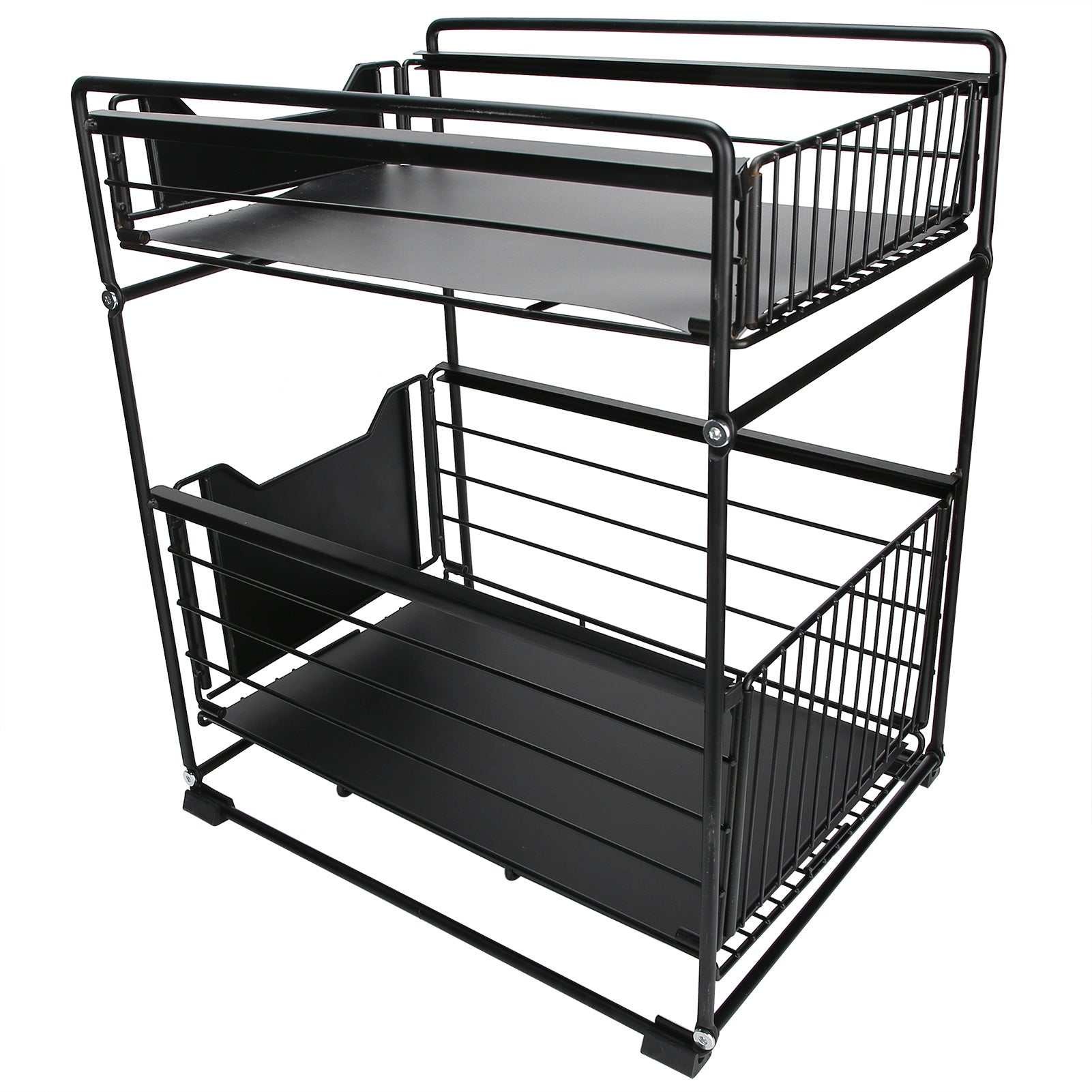 2-layer pull-out kitchen storage rack made of black carbon steel, versatile for kitchen, office, and cosmetic organization.