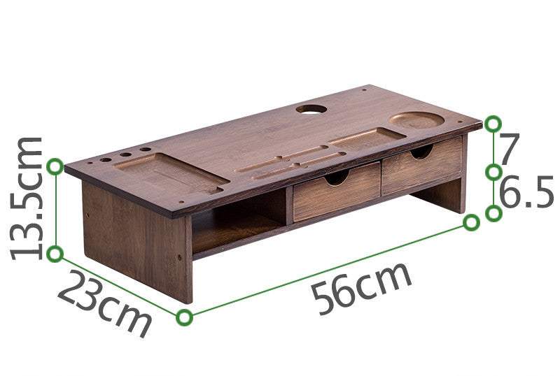 Solid wood desktop monitor stand with high storage, special partition shape, walnut color, dimensions labeled.