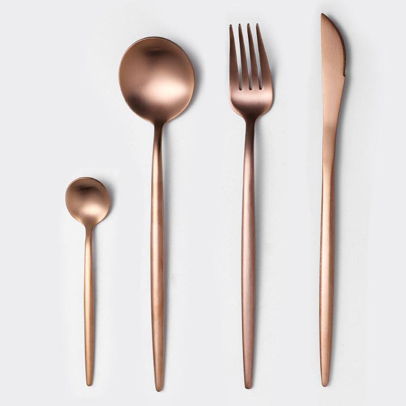 Stainless steel cutlery spoon set with mirror polishing finish, includes spoons, forks, chopsticks, and knife.