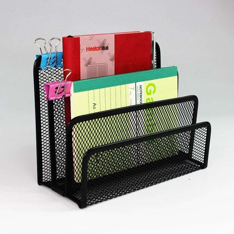 Metal office stationery storage rack for organizing documents and receipts on a desk.