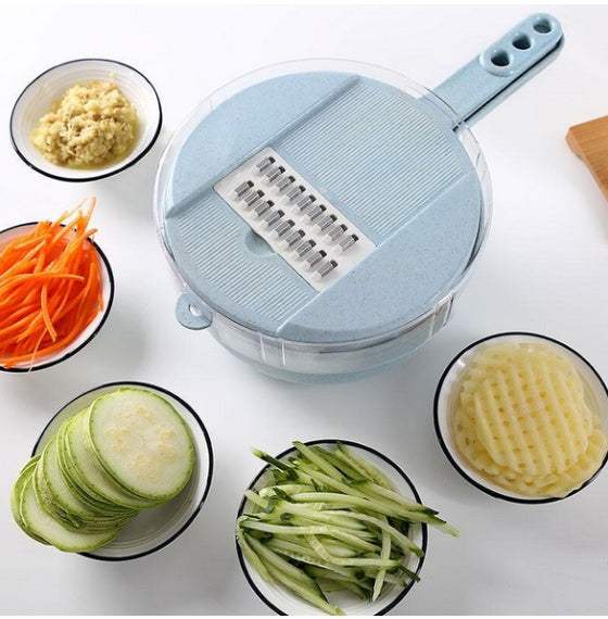 8 in 1 mandoline slicer with strainer and various vegetable slices, showcasing multifunctional kitchen accessories.