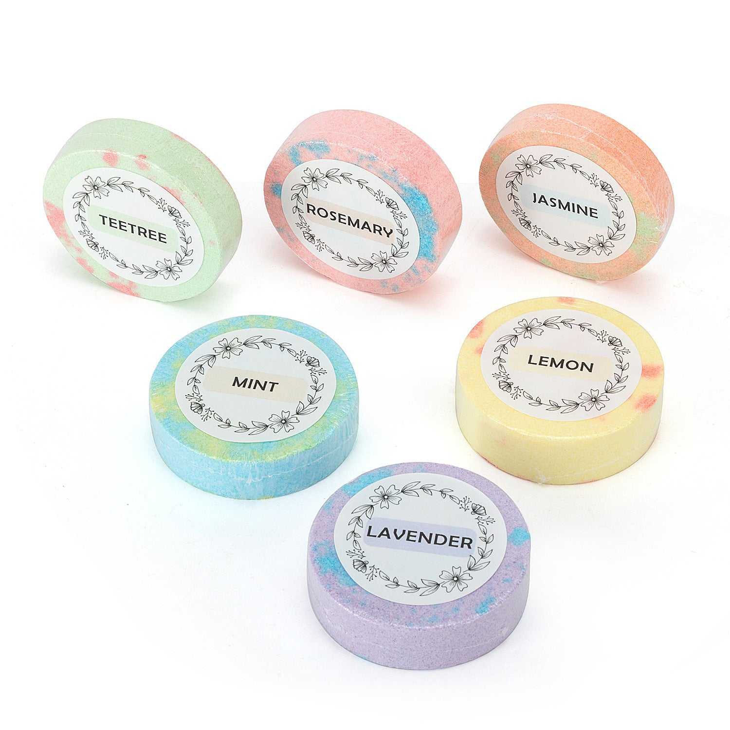 Set of 6 home spa mini bath bombs with assorted scents like lavender, mint, and lemon for relaxation and aromatherapy.