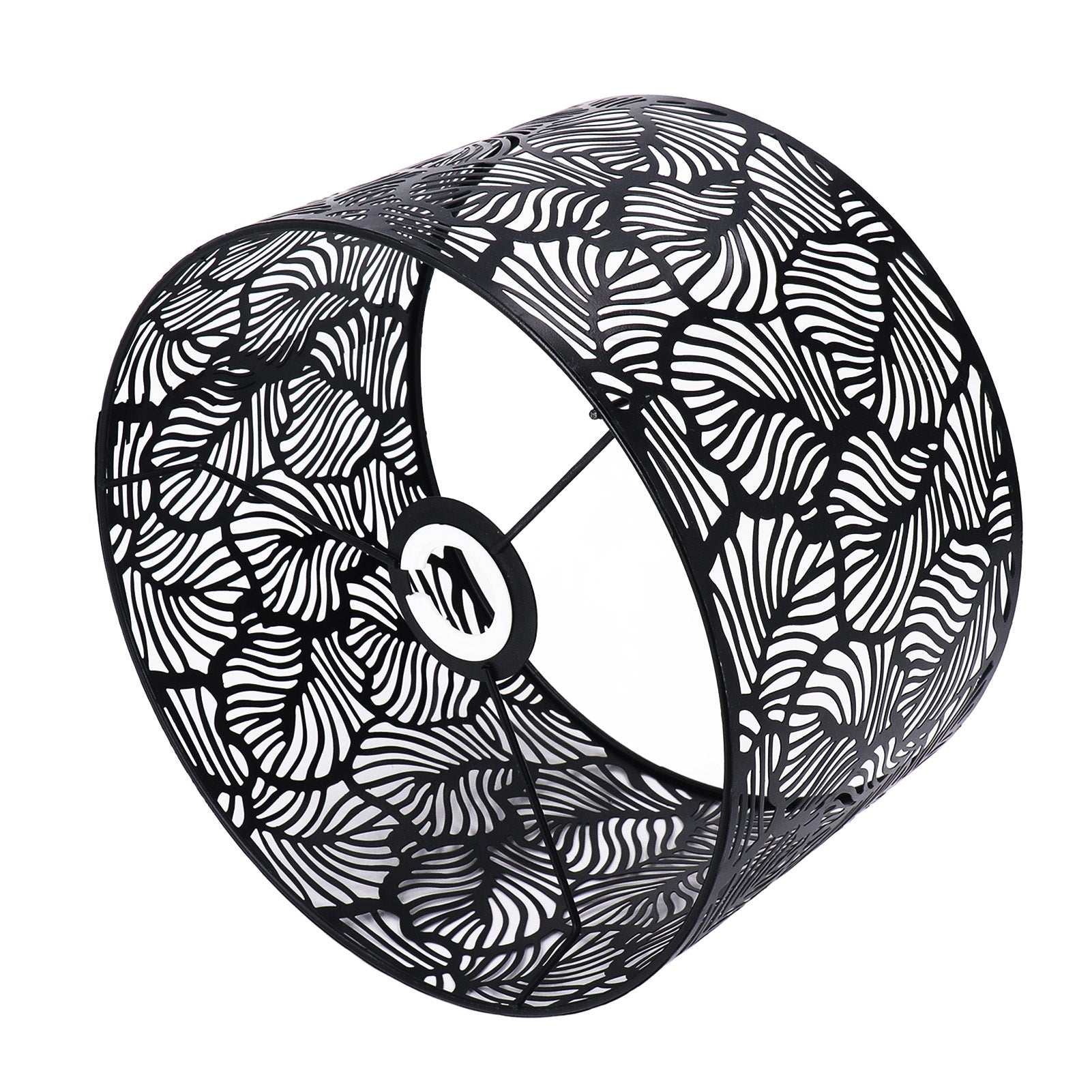 Modern black iron lampshade with hollow design for E14 and E27 bulbs, creating decorative light patterns.