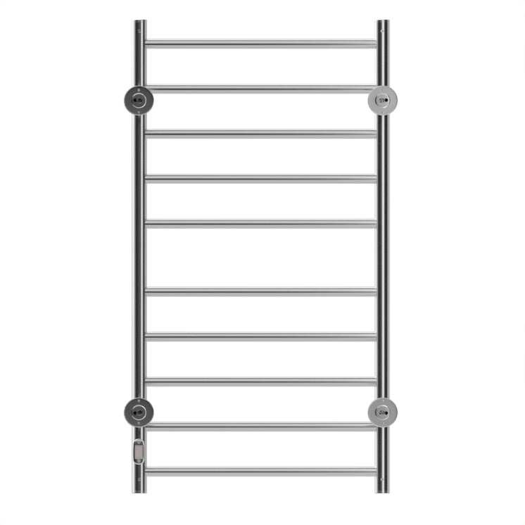 Electric heated towel rack with 10 stainless steel bars, wall mounted.