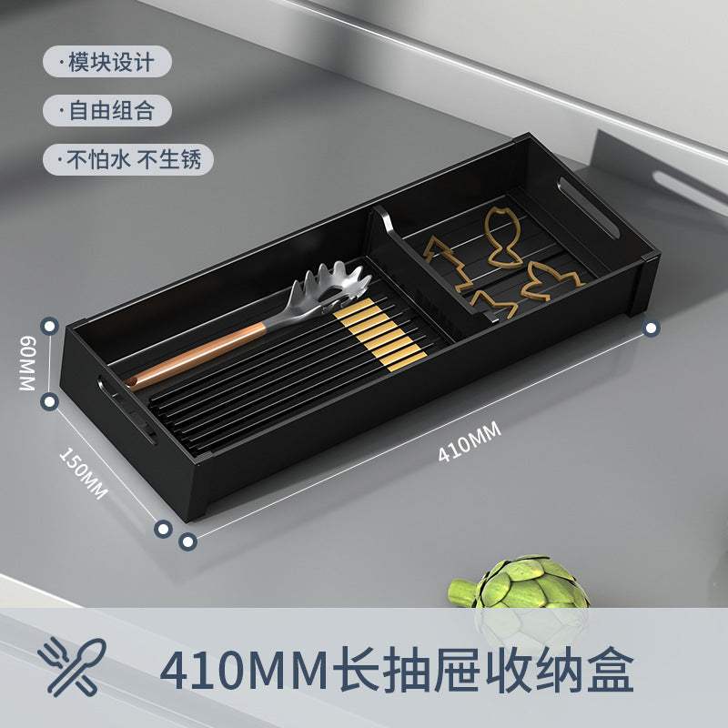 Kitchen drawer storage box partition with 410mm length, aluminum construction, and multi-purpose design.
