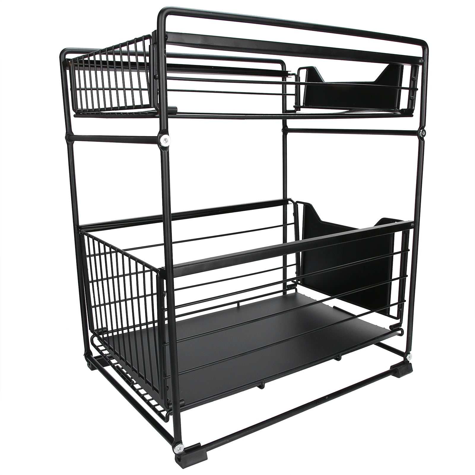 2-Layer black carbon steel pull-out kitchen storage rack for home and office organization.