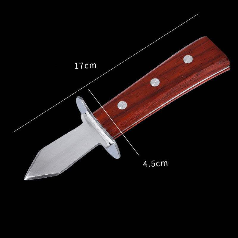 Stainless steel oyster shell knife with red wooden handle, modern design.