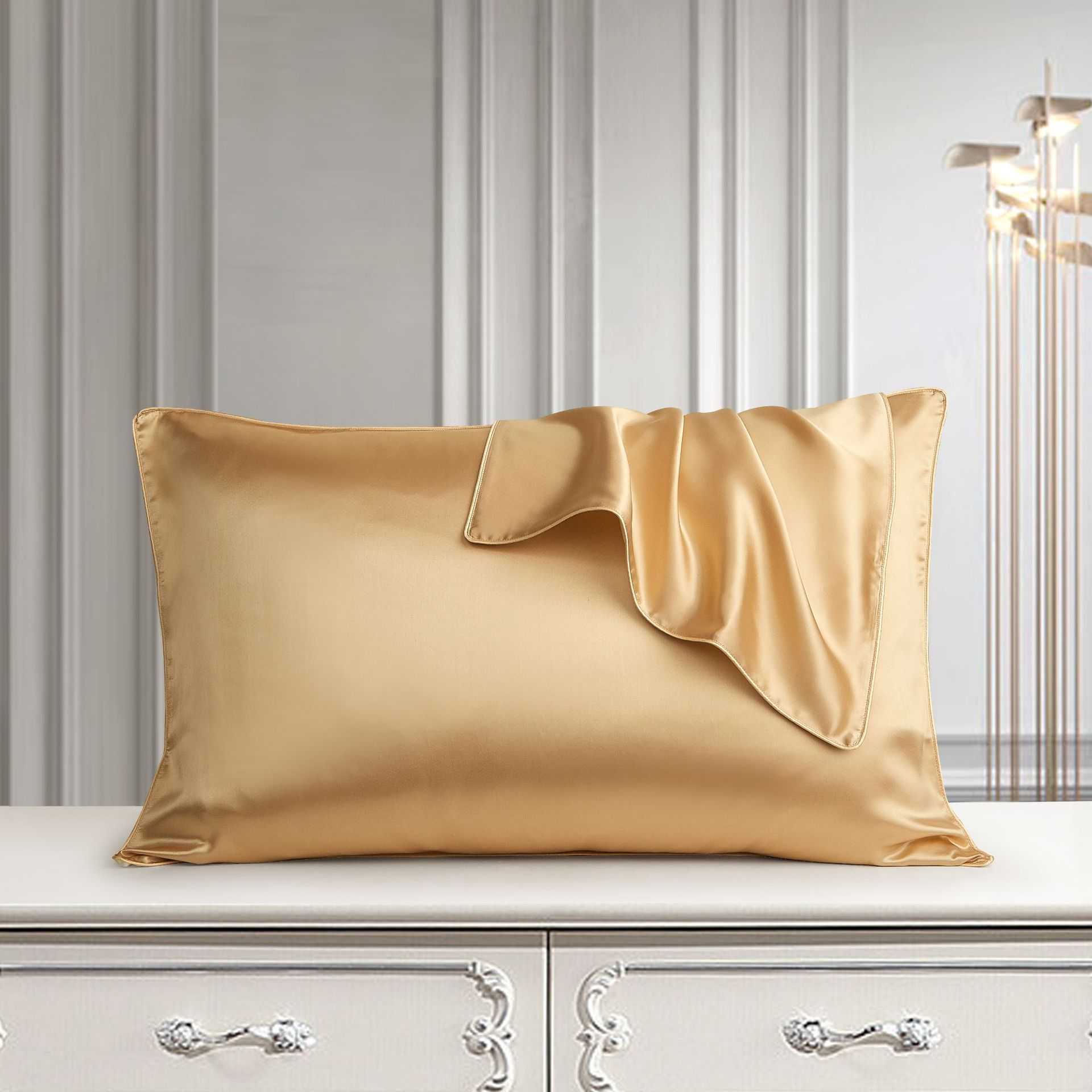 Luxurious silk pillowcase in palace style made from pure mulberry silk with light gold hue.