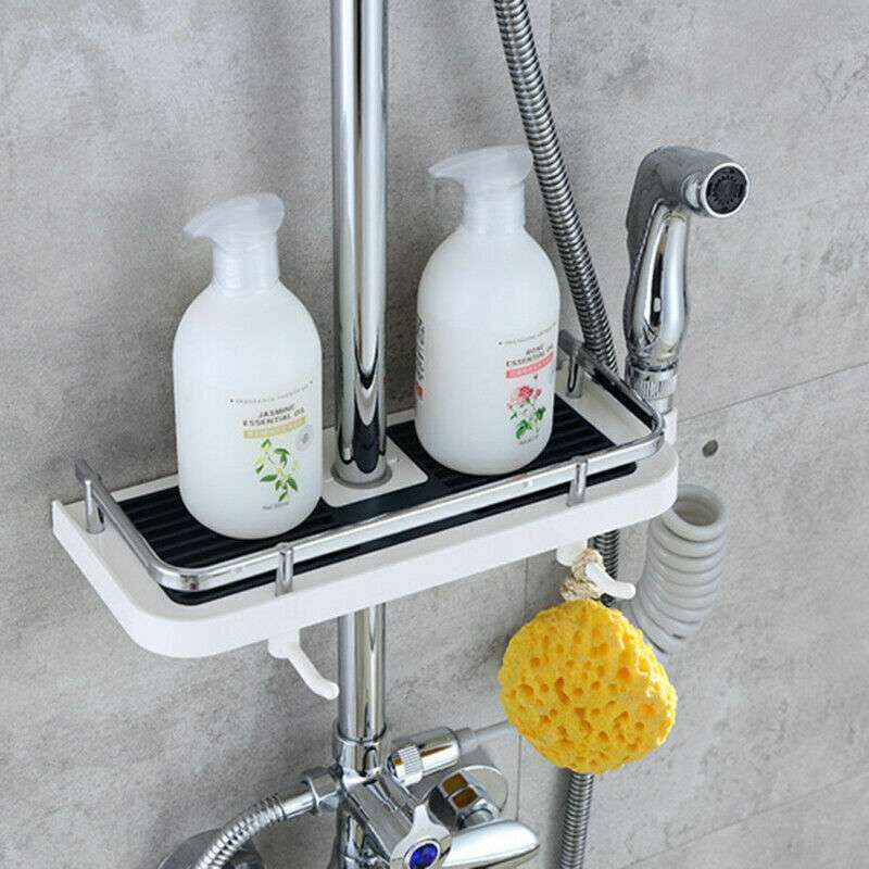 No drilling shower shelf with hollow bottom for drainage, side shower holder, and bottom hooks for bathroom storage.