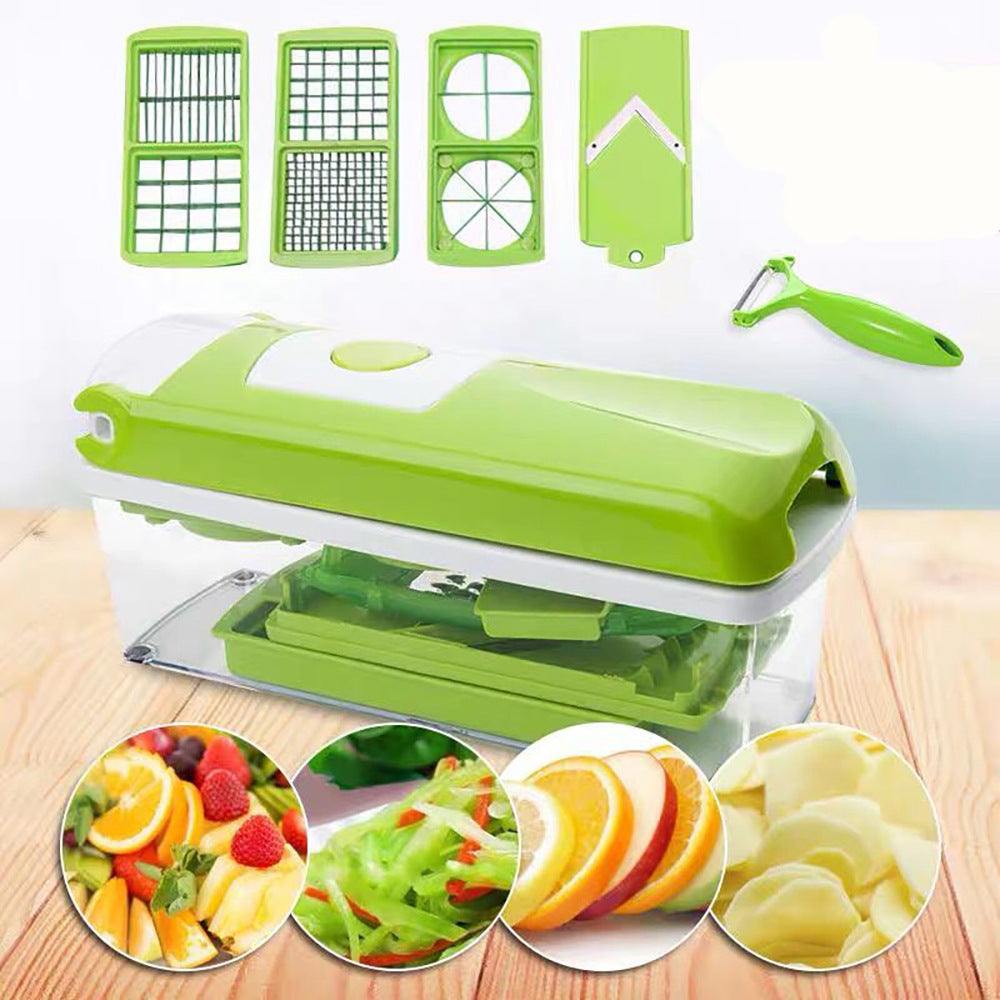 Multifunctional vegetable chopper with various slicing and dicing blades, efficient kitchen tool for cutting fruits and veggies. 