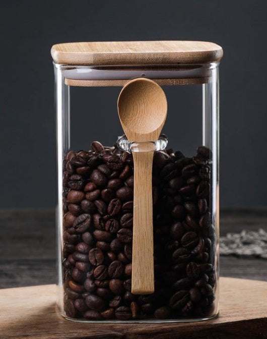 Japanese style kitchen food storage jar, square glass with wooden lid and spoon, 800-1000ml.