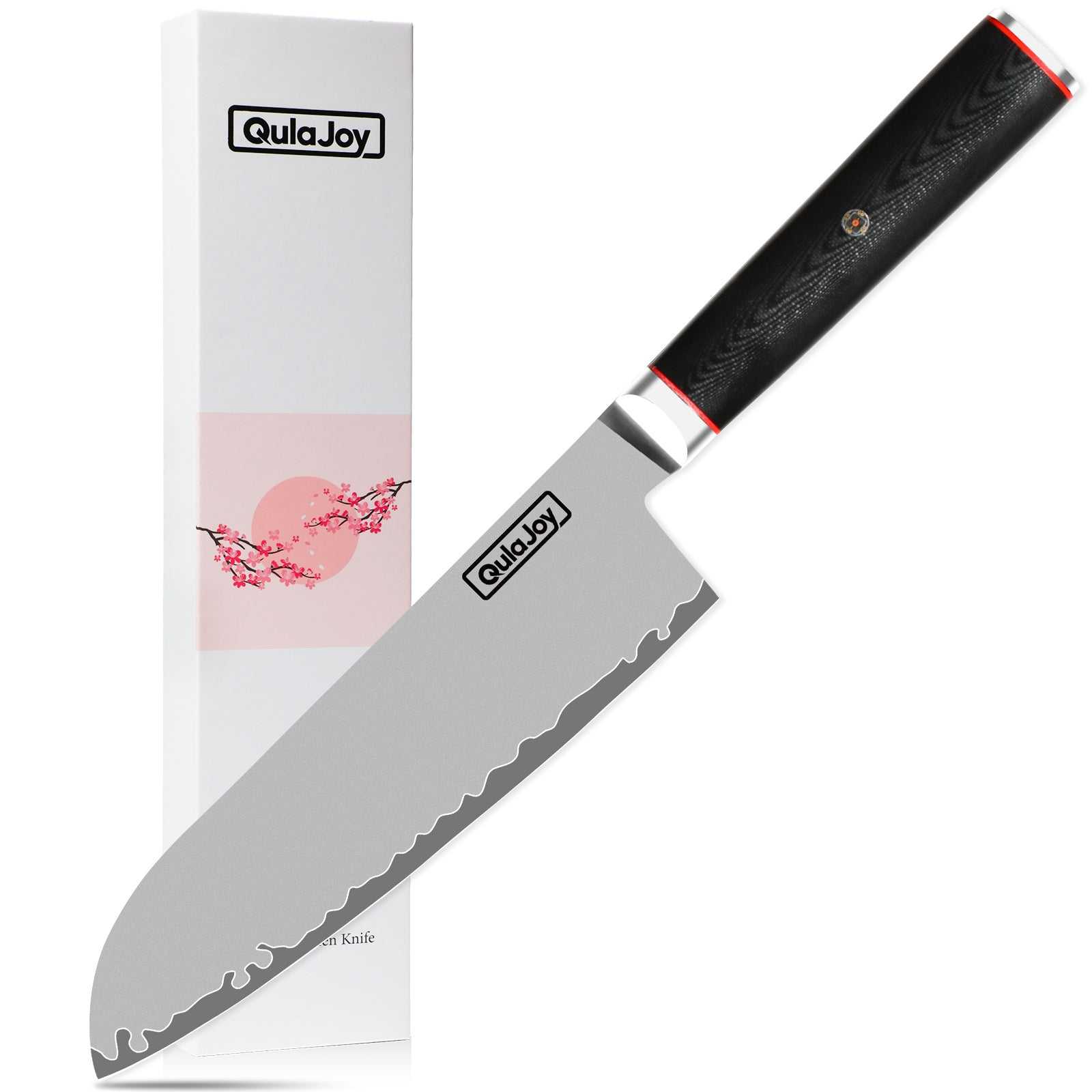 Qulajoy VG10 Chef Knife with 15° V-shaped blade and G10 handle, ideal for slicing meat and vegetables.