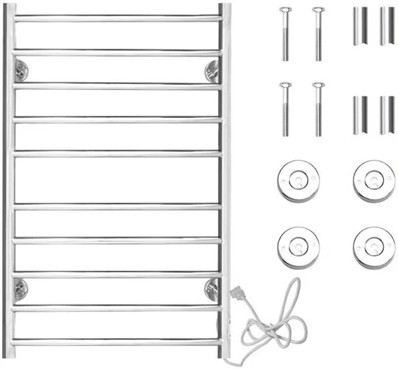 Electric heated towel rack with 10 stainless steel bars, wall-mounted.