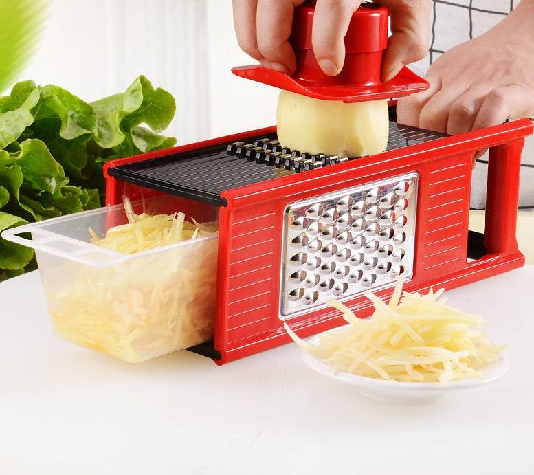 Red multifunctional kitchen utensils cutting tool with a four-sided blade and drain storage box.