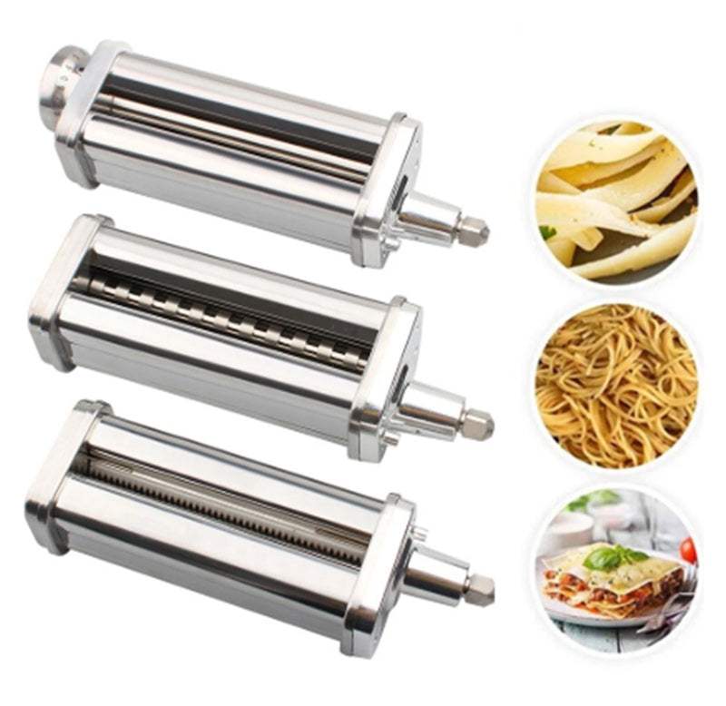 Stainless steel pasta machine accessories for making spaghetti and noodles in the kitchen.