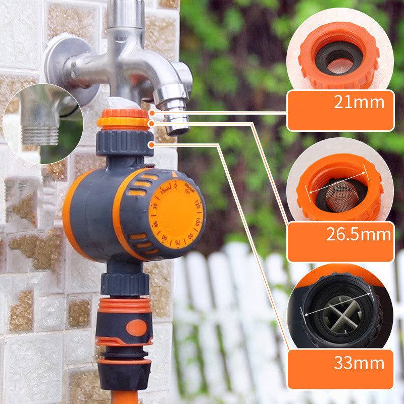 Mechanical timing controller irrigation system kit attached to faucet with size indicators.