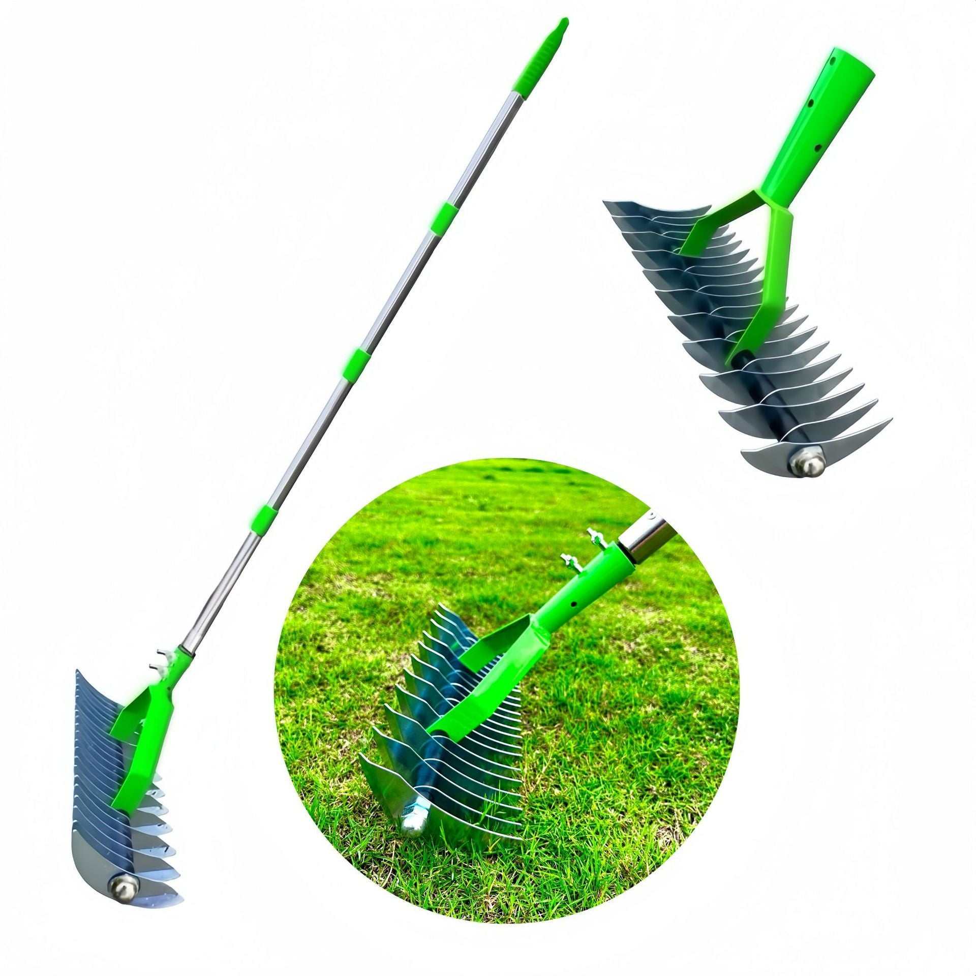 Gardening tools lawn hay rake with carbon steel head and adjustable rod.