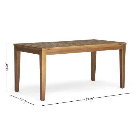 Outdoor 4-seater acacia wood chat set with teak coffee table and beige cushions.