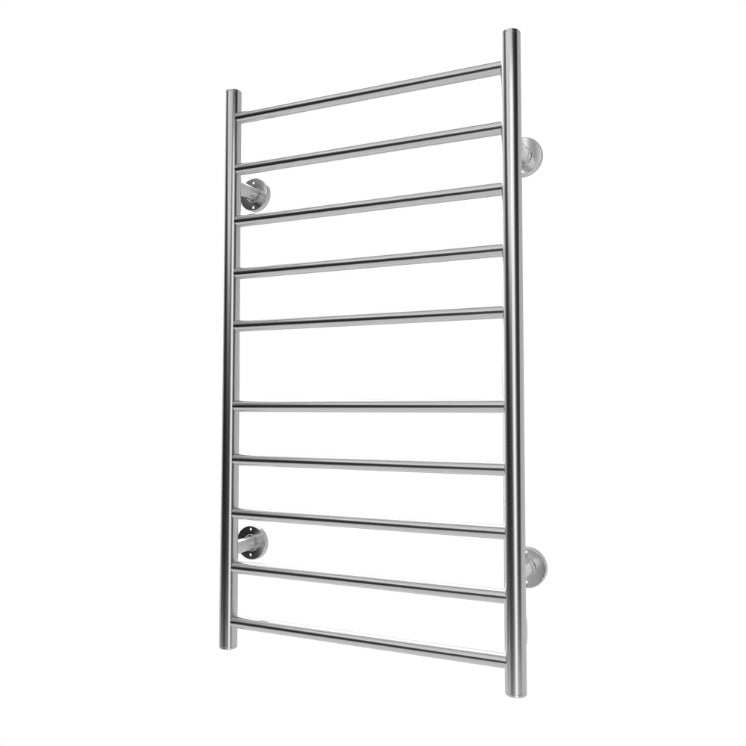 Electric heated towel rack with 10 stainless steel bars, wall-mounted.