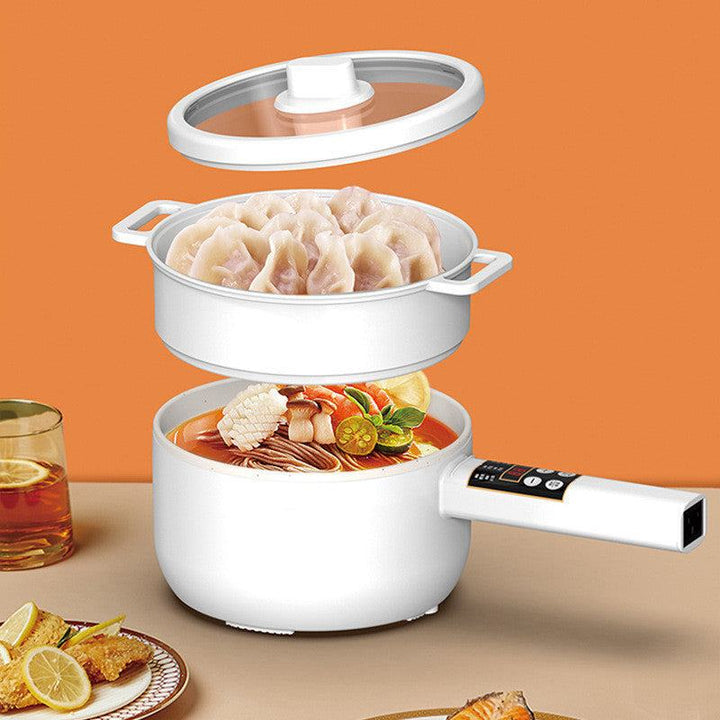 Multifunctional electric cooker with non-stick pot and steaming feature.