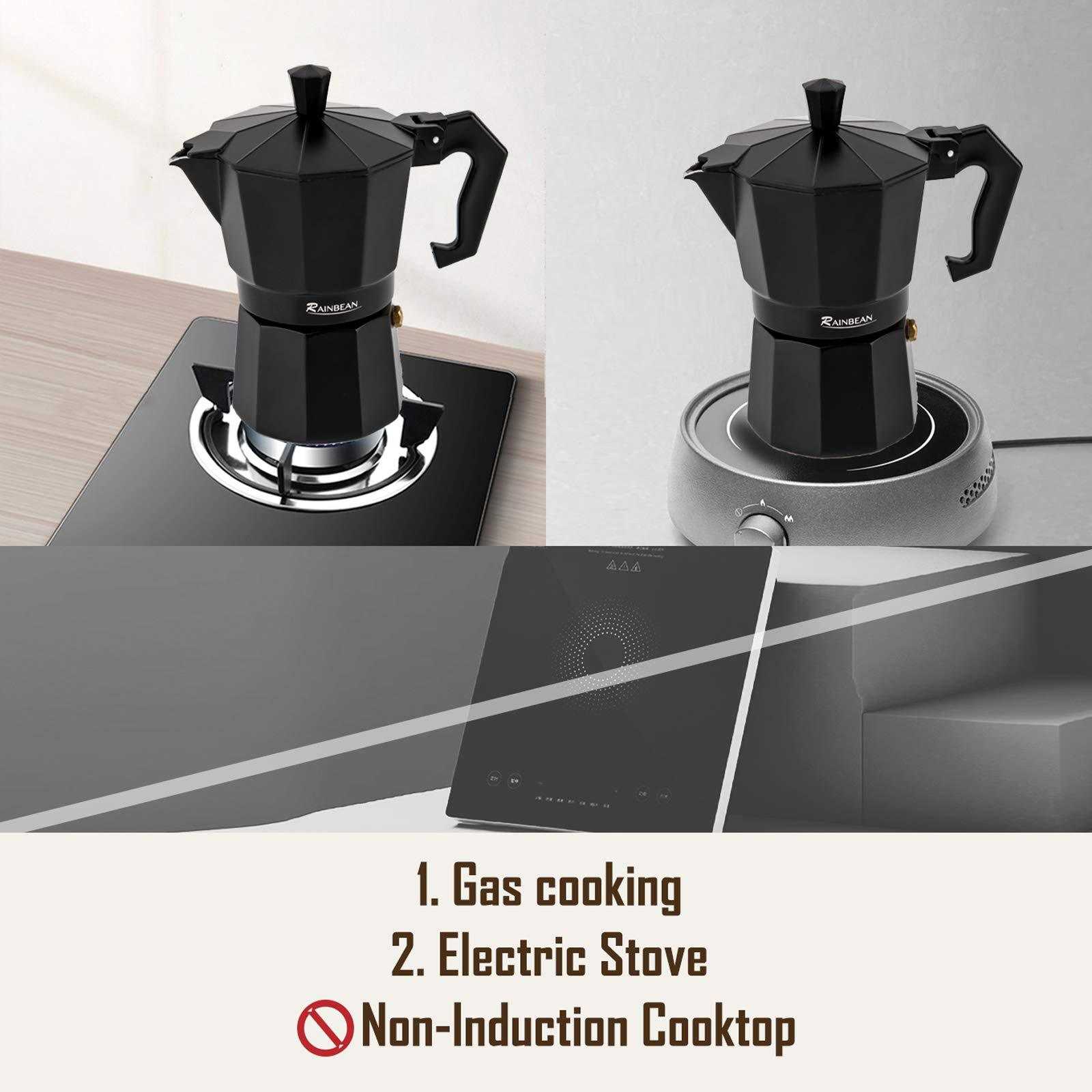 Black stovetop espresso maker on gas and electric stoves, not for induction cooktops.