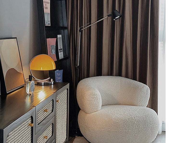 Retro Space Age table lamp in a cozy living room setup with modern furniture.