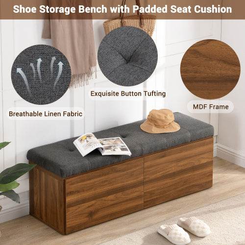 49-inch dark grey shoe storage bench with padded seat cushion, button tufting, breathable linen fabric, and MDF frame.