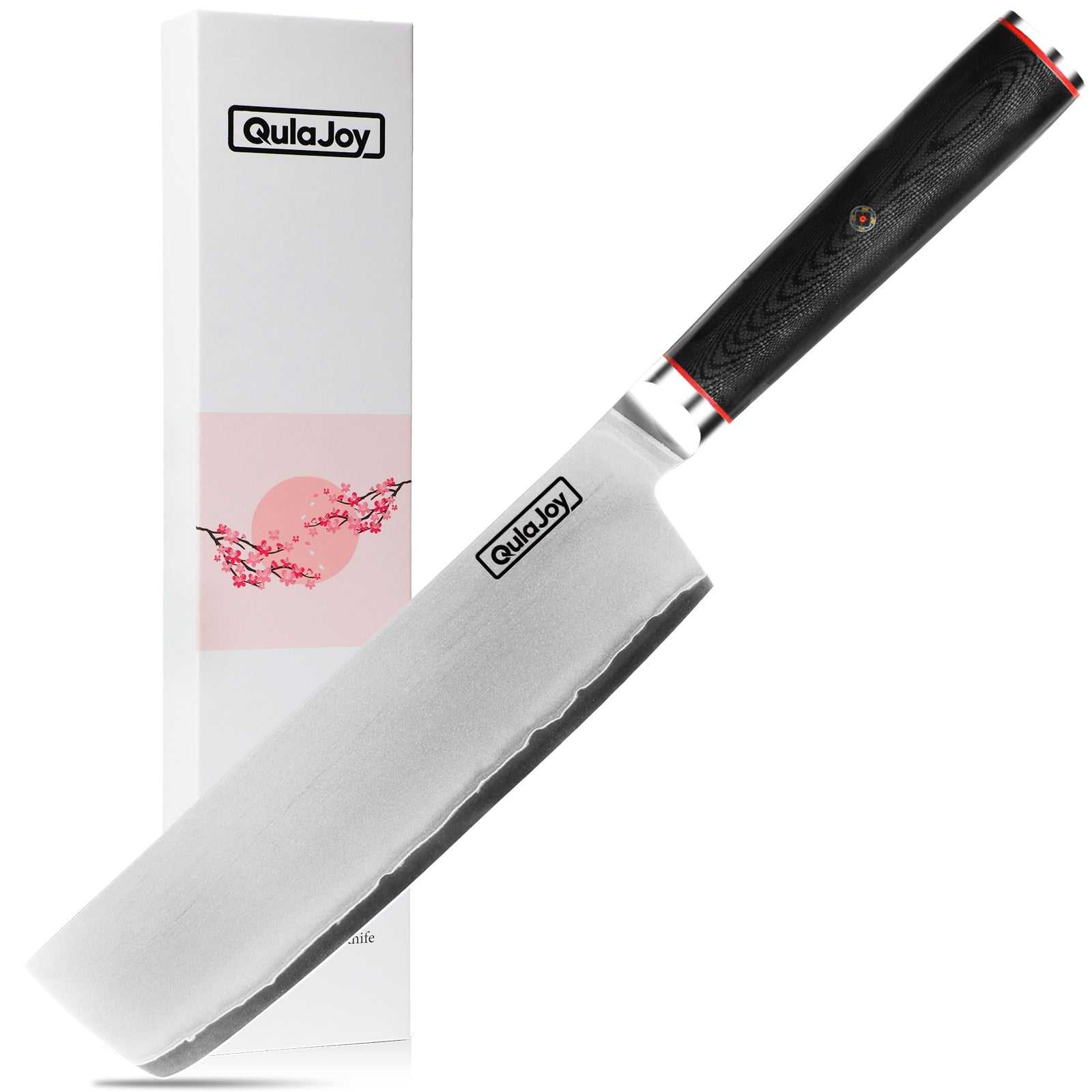 Qulajoy VG10 Chef Knife with Japanese 10Cr15MoV steel and G10 handle, ideal for slicing meat and vegetables.