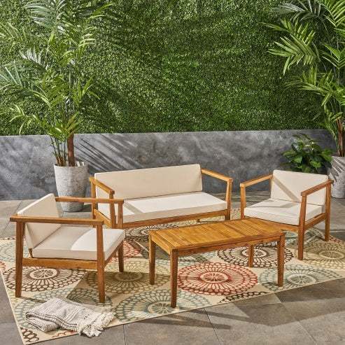 Outdoor 4-Seater Acacia Wood Chat Set with Cushions and Coffee Table, Teak and Beige, ideal for patio.