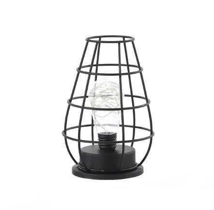 Minimalist hollow table lamp with iron frame and LED bulb, ideal for decorative home lighting.