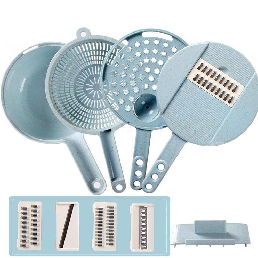 8 In 1 Mandoline Slicer with blades, strainer, and kitchen accessories on display.