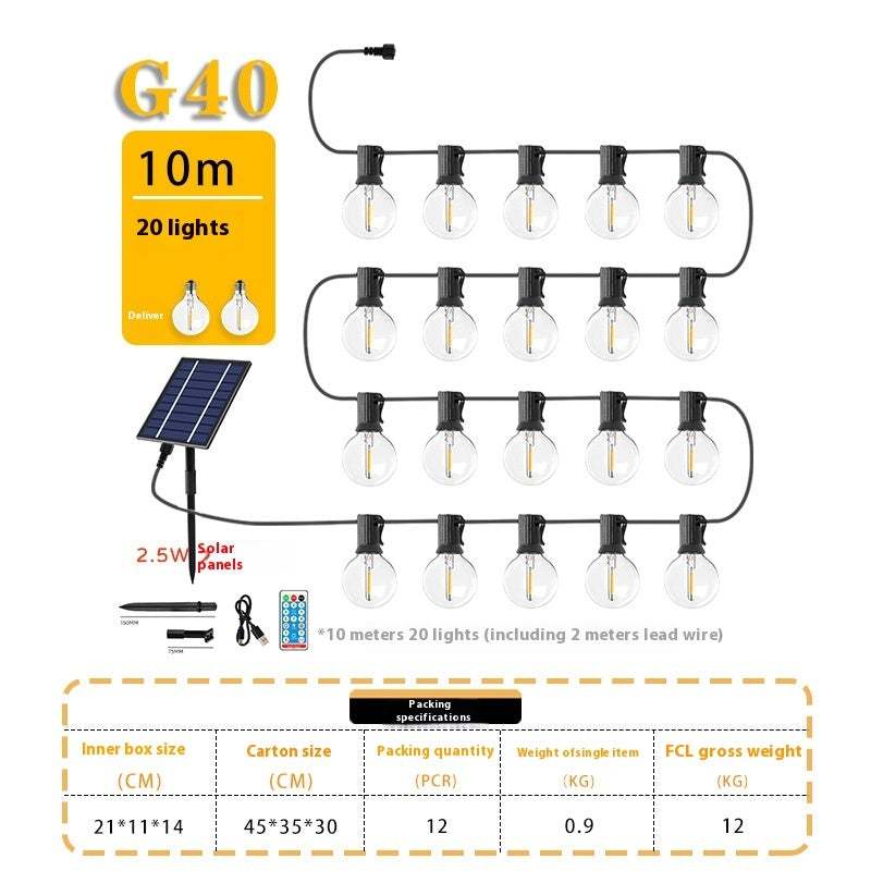10-meter 20-lamp G40 string lights with solar panel, ideal for retro outdoor camping ambiance and Halloween decor.