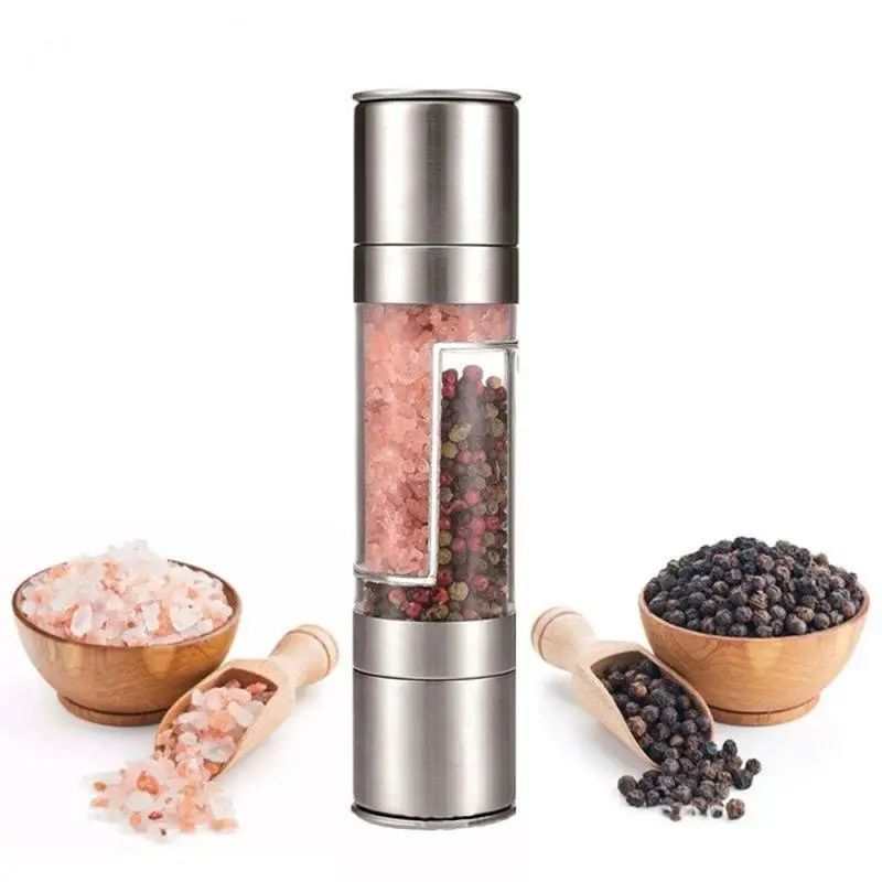 Stainless steel 2-in-1 salt and pepper grinder with ceramic grinding mechanism.
