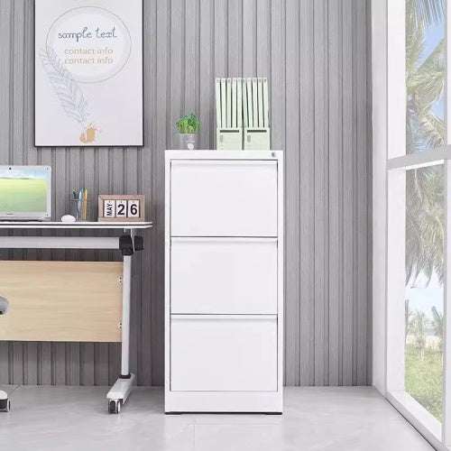 3 drawer file cabinet in office setting with modern decor.