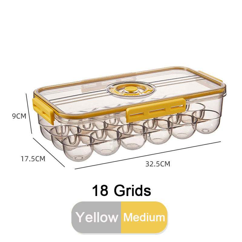 Yellow PET kitchen organizer with lid, 18-grid medium-sized storage box.
