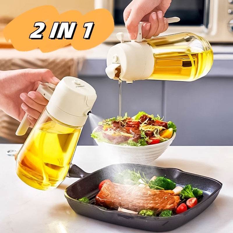 470ML olive oil sprayer dispenser, 2 in 1 glass bottle for cooking, BBQ, air fryer, featuring dual functionality for spray and pour.