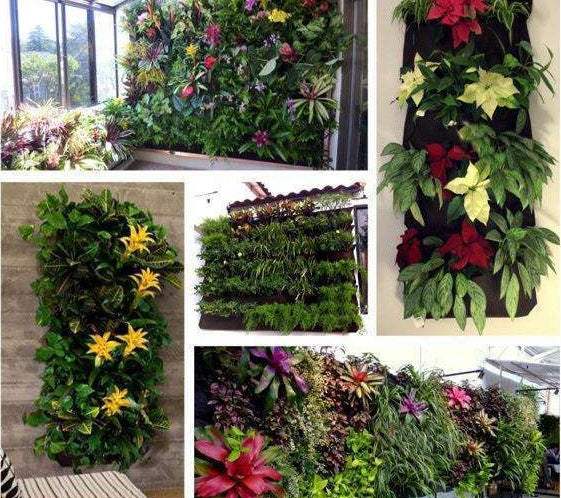 Vertical wall garden with hanging planting bags, showcasing vibrant flowers and greenery for indoor and outdoor spaces.